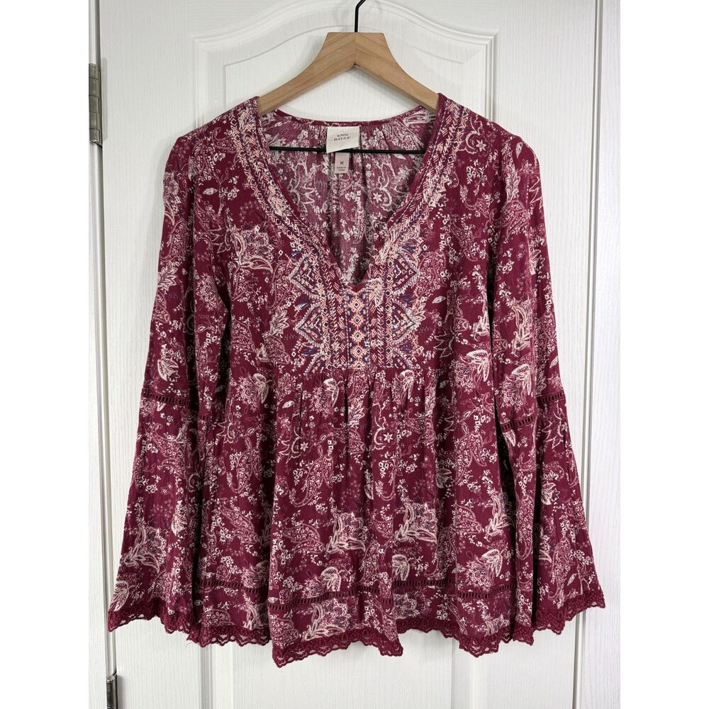 Knox Rose Womens M Burgundy Paisley Embroidered Boho Tunic Blouse Rayon